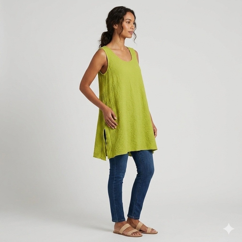 Moonlight Tunic Top Womens M Lime Green Lagenlook Textured Sleeveless Side Slit